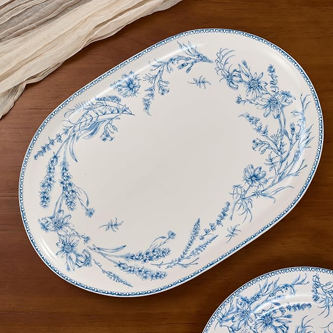 Bico Blue Garden Toile De Jouy 16 plus 12 inch Oval Platters Set Set of 2 Microwave and Dishwasher Safe for Serving Fish Chicken Turkey