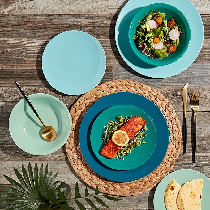 Tabletops Gallery 12 Piece Green Teal Blue Melamine Dinnerware Set Plates Bowls for Indoor Outdoor Use Service for 4 Peacock