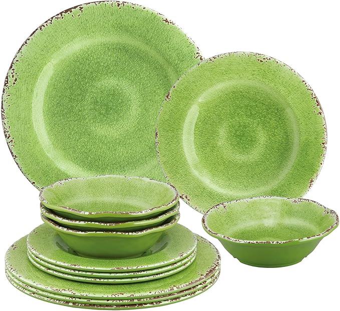 UPware 12 Piece Crackle Melamine Dinnerware Sets Outdoor Dishes Set Plates and Bowls Sets Service for 4 Green