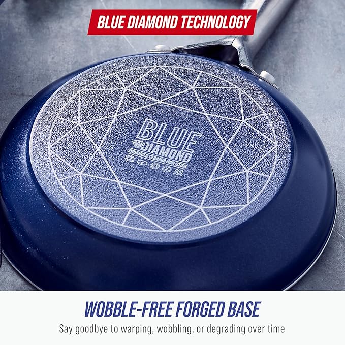 Blue Diamond 14 Piece Nonstick Cookware Set Diamond Ceramic Pots &amp Pans Dishwasher &amp Metal Utensil Safe Non Toxic PFAS-Free Kitchen Cooking Sauce &amp Saute Pans Oven &amp Broiler to 60