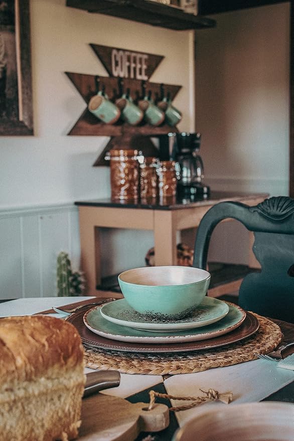 Paseo Road Patina Turquoise 16 Piece Ceramic Southwestern Rustic Cabin Dinnerware Set with Plates Bowls and Mugs