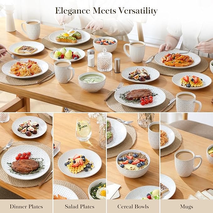 MALACASA 16 Pieces Dinnerware Sets Modern Relief Design Plates and Bowls Sets White Dish Set for 4 Kitchen Ceramic Dinner Plates Dishware Set Microwave and Dishwasher Safe Series LYDIA
