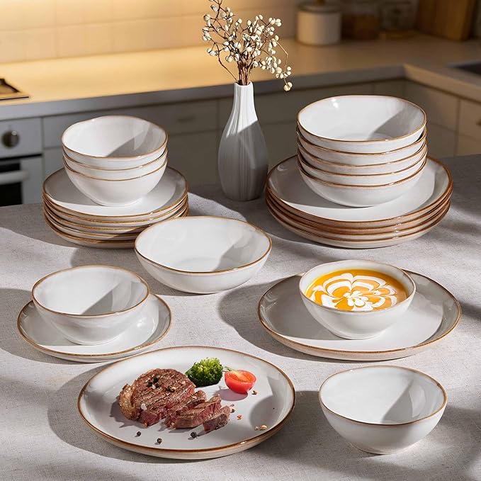 Herogo Stoneware Dinnerware Sets 12 Piece Dinner Dishes Set for 4 Ceramic Plates and Bowls Dishware Tableware Includes Dinner Salad Plates Soup Bowls Microwave &amp Dishwasher Safe Pearl White