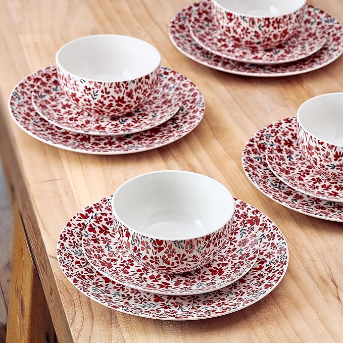 Pfaltzgraff Radiant Blossom 12 Piece Floral Stoneware Dinnerware Plate Bowl Dish Set Service for 4 Red