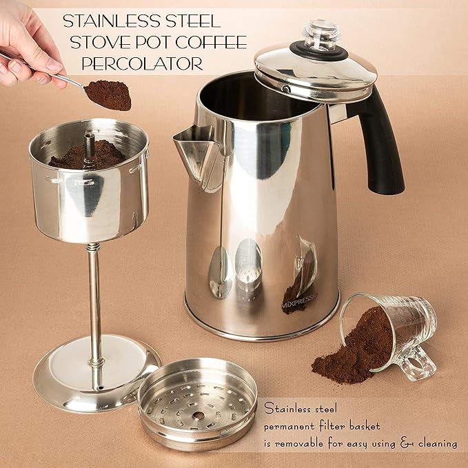 Mixpresso Stainless Steel Coffee Percolator Stovetop 52 oz Classic Percolator Coffee Pot Great For Camping Pot 12 Cup Stove Top Espresso Maker Cool-Touch Handle