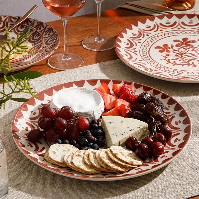 Bloomhouse - 2-Time Oprah’s Favorite Things - Valencia Flor 2 Piece 13” Serving Platter Set Stoneware Platters Mediterranean Floral Decal Design Microwave &amp Dishwasher Safe Pomegranate Red