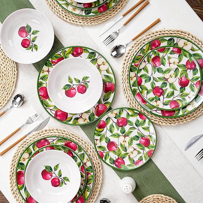 Melamine Dinnerware Set for 4 Apple Plates and Bowls Set 12pcs Melamine Dish Set with Green Edge Elegant Kitchen Dishes Lightweight Tableware for Picnic Camping RV Dishwasher Safe