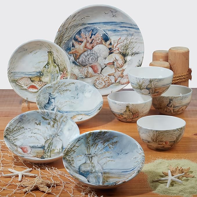 Coastal Landscape 16 Piece Ceramic Dinnerware Set – Service for 4 with Beach-Themed Dinner Plates Salad Plates Bowls &amp Mugs – Ocean-Inspired Tableware for Everyday or Coastal Entertaining