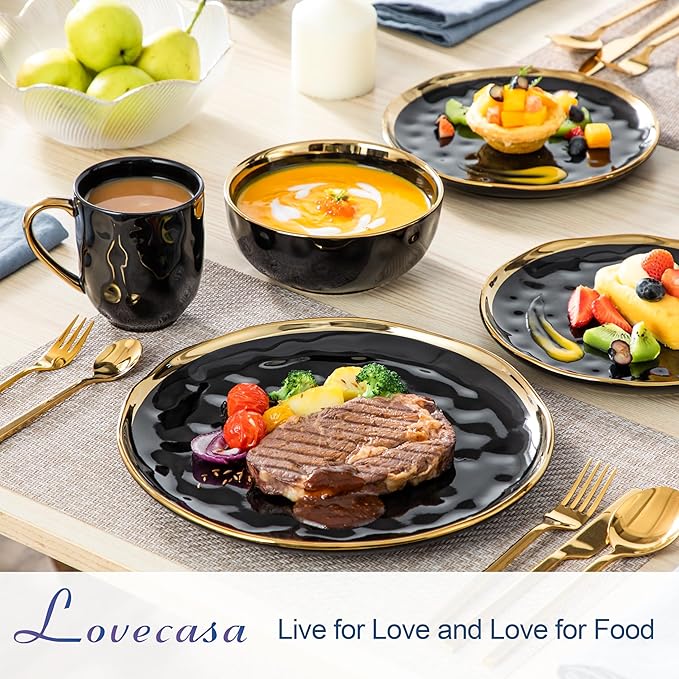 LOVECASA 16 Pieces Plates and Bowls Sets Porcelain Black and Gold Dinnerware Sets Round Dinner Plates Dishes Set Service for 4 Dishwasher Safe and Scratch Resistant Black