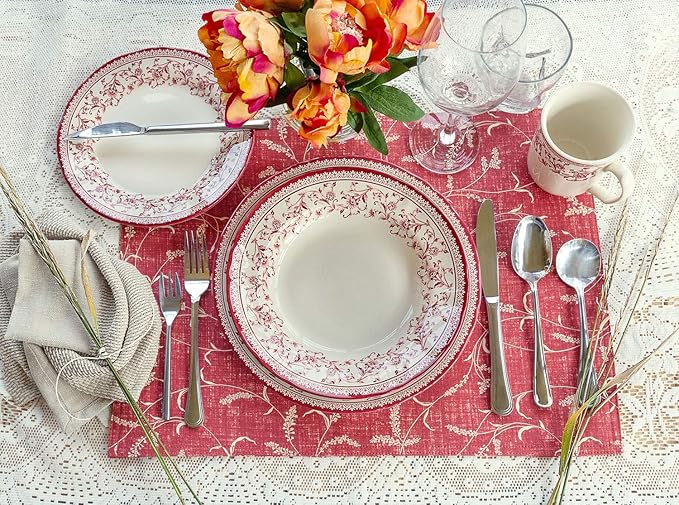 Tudor Royal 24-Piece Round Dinnerware Set Service for 6 Aster Pink Design Red Floral Plates Bowls Mugs Dishes High Gloss Premium Quality