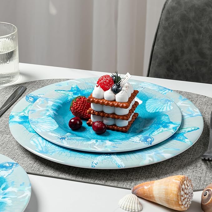 12 PCS Melamine Dinnerware set Unbreakable Coastal Plates and Bowls Set Lightweight Chip Resistant Oceanic Dishes Set Service for 4 Great for Camper RV Indoors Outdoors Use