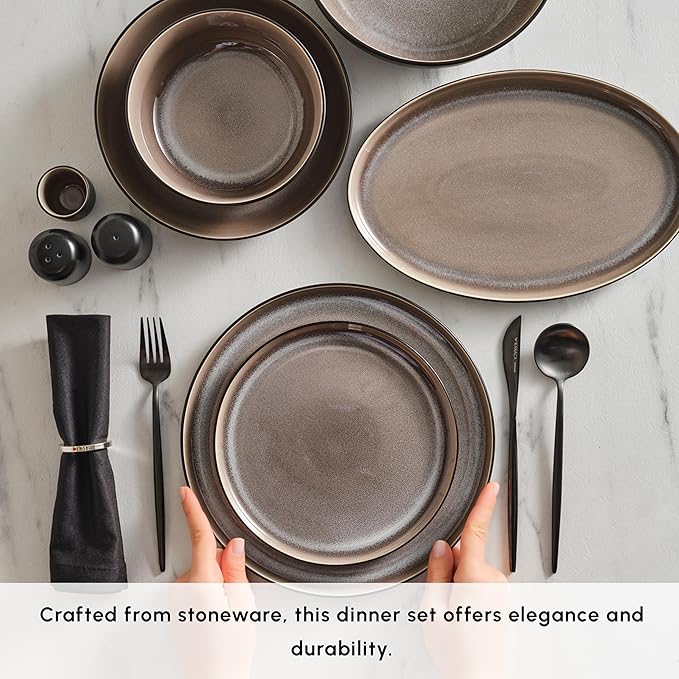 Karaca Mercure 59 Piece Stoneware Plates and Bowls Set Reactive Glaze Black Dinner Set Complete Kitchen Tableware Collection Ideal Dinnerware for 12 People Dining Experience Dishwasher Safe