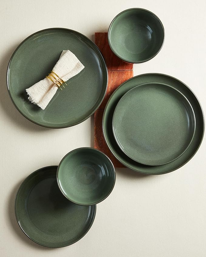 Plates and Bowls Sets for 8 24 Piece Dinnerware Set for Large Families &amp Entertaining Elegant Design Dishwasher &amp Microwave Safe Chip Resistant and Durable Forest Green