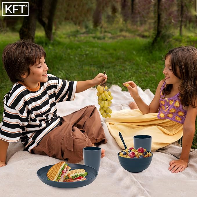 Wheat Straw Dinnerware Sets for 4 - KFT Lightweight &amp Unbreakable Dishes Microwave &amp Dishwasher Safe Perfect for Camping Picnic RV Dorm Plates Cups and Bowls (Blue 24pc)