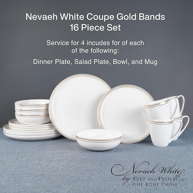 Everyday White by Fitz and Floyd Nevaeh Bone China Coupe Platinum Bands Dinnerware Set Service for 4
