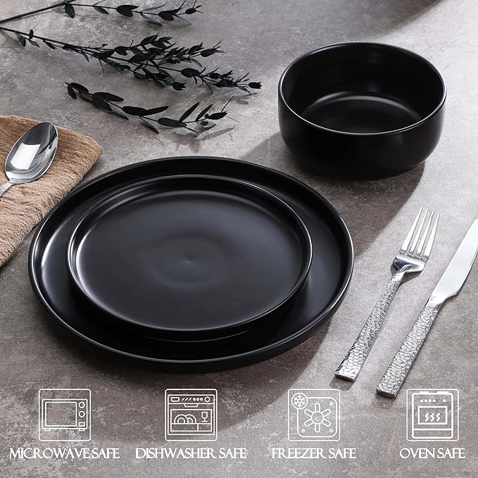 LIANYU 18PCS Dinnerware Plates and Bowls Sets Ceramic Dishes Set for 6 Stoneware Dinner Dessert Salad Plates Cereal Bowls Scratch Resistant Dishware Microwavable &amp Dishwasher Safe Matte Black
