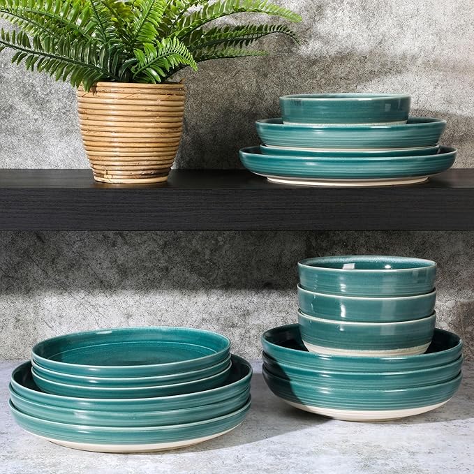 16-Piece Double Bowl Reactive Glaze Stoneware Dinnerware Set Green Solid Casual Round 16 Piece Dishwasher Safe