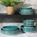 16-Piece Double Bowl Reactive Glaze Stoneware Dinnerware Set Green Solid Casual Round 16 Piece Dishwasher Safe