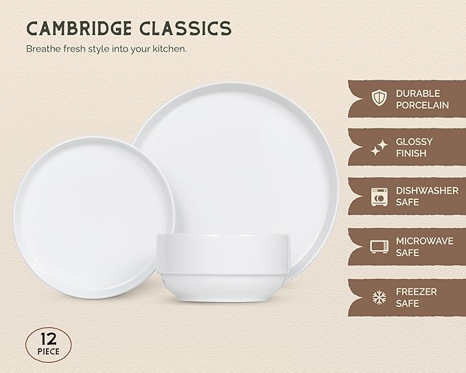 Ceramic Dinnerware Set 12-Piece Service for 4 Soup Bowls (31.5 oz) Salad Plates (7.5) Dinner Plates (10.5) Round Microwave and Dishwasher Safe White Cambridge Classics