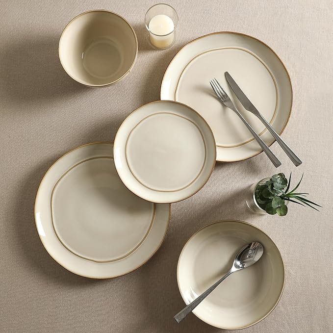 Stone Lain Infinity 12-Piece Dinnerware Set Stoneware Plates and Bowls Set Dishwasher and Microwave Safe Dish Set for 4 Beige