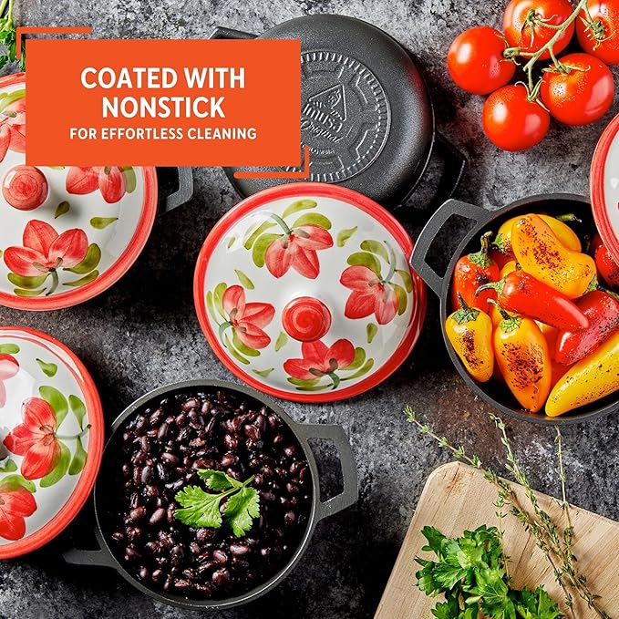 IMUSA 0.5qt Carmen de Viboral Cast Aluminum Nonstick Caldero 8pc Set with Floral Ceramic Lids (Drop Ship) Black - 14cm