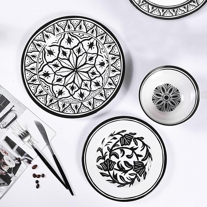 Melamine Dinnerware Sets-12pcs Melamine Plates and Bowls Set Unbreakable Dishwasher Safe Indoor Outdoor Use Ideals for Parties Camping Dish Set Black and White Pattern