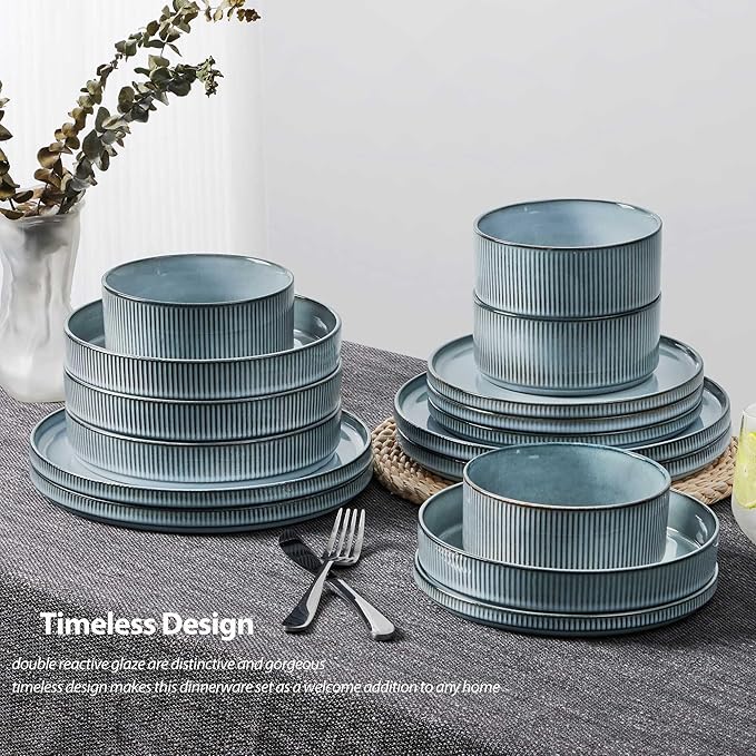 LIANYU Dinnerware Stoneware Sets with Pasta Bowls 16 Piece Plates and Bowls Set for 4 Ribbed Dishes Set for Home Microwave and Dishwasher Safe Slate Blue