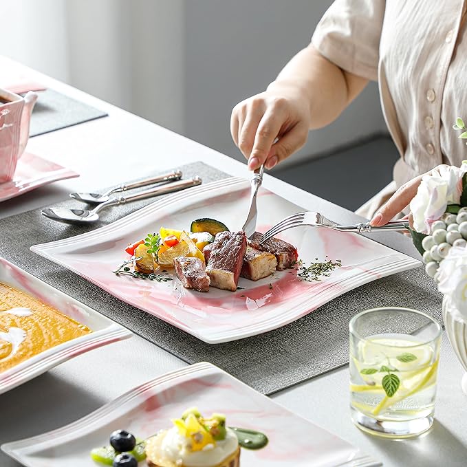 MALACASA Dinnerware Sets 30-Piece Pink Plates and Bowls Sets for 6 Porcelain Dinnerware Set with Plates and Bowls Cups and Sacuers Square Dish Set Modern Dining Ware Set Series Flora