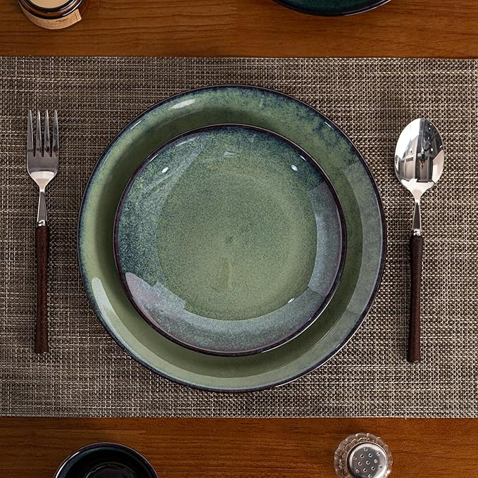 8 Piece Dinnerware Sets for 2 Scratch Resistantmicrowave oven and Dishwasher Safe Plates and Bowls Sets Ceramic Dish Set Bowl and Plate Set -Kiln turns foggy green