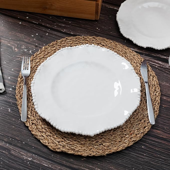 Creamy Beaded Melamine Dinnerware Sets Set of 618 piece Farmhouse Plates and Bowls Set Lightweight BPA-Free Scalloped Rim Dishes Dinner Serving Set for Indoor &amp Outdoor Use off-white