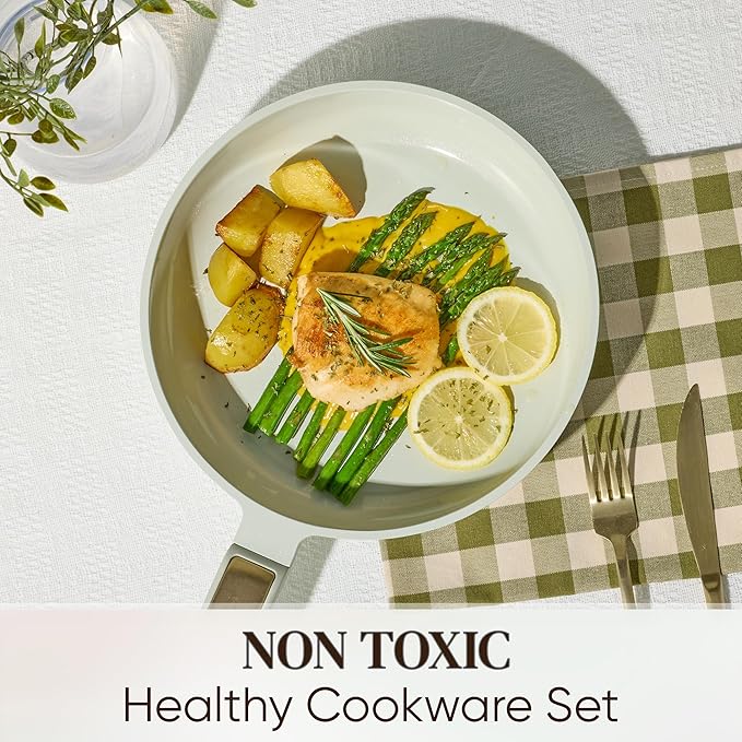 CAROTE Ceramic Cookware Set Nonstick 14pcs Pots and Pans Set Nonstick Non-Toxic &amp PFAS-Free Dishwasher RV/Camping Cookware Set Cooking Pots with Lids Sage Green