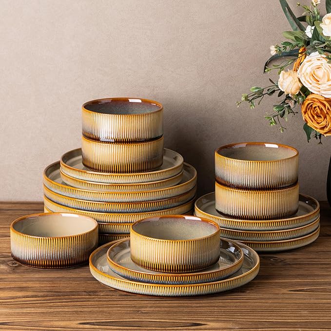 TheTerra Ceramic Dinnerware Sets for 6 18 Pieces Porcelain Lightweight Plates and Bowls Sets Scratch Resistant Dish Set Oven &amp Microwave &amp Dishwasher Safe Creamy Amber