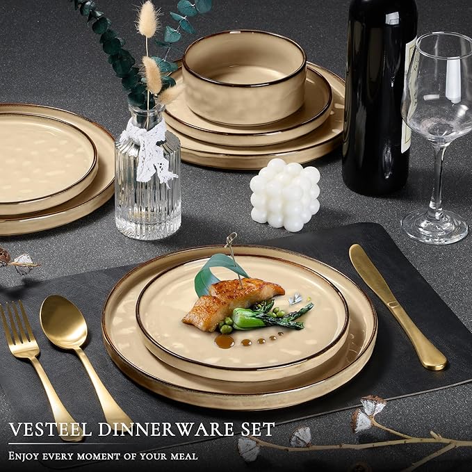 Vesteel Dinnerware Sets 12-Piece Stoneware Plates and Bowls Set Dishes Set for 4 Elegant Ceramic Dinnerware for Home Restaurant - Khaki