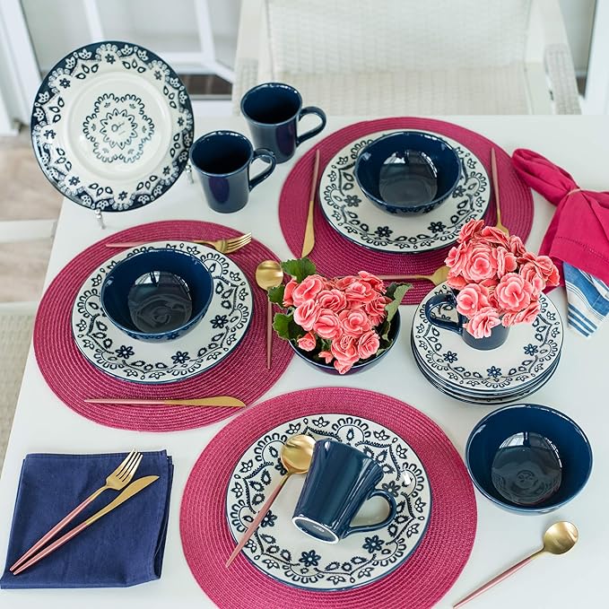 Manhattan Comfort Floreal 16 Piece Dinner Set Service for 4 Black/Ivory