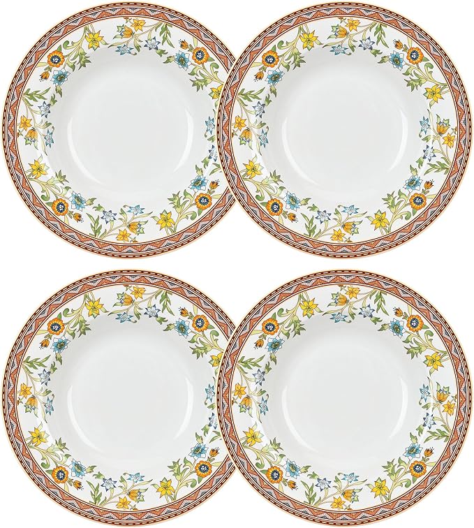 Bone China Deep Plate Set of 4 Dinner Plates Salad Plates Dinnerware Sets Serving Bowls Soup Bowls Tableware Set for Home and as a Gift (Wild Flowers)