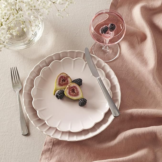Lenox Dinnerware Set French Perle Scallop Blush 12-Piece Set Service For 4 Stoneware Dishwasher Safe Microwave Safe Plates and Bowls sets Dish Set Plate Set Home And Kitchen (Pink 12 Piece)