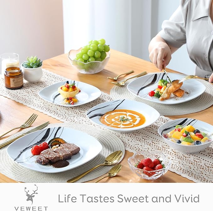 VEWEET Series Teresa 24-Piece Ivory White Porcelain Ceramic Dinnerware Set Ink and Line Patterns Square Kitchen Sets with Dinner Plate Soup Plate Dessert Plate Bowl Service for 6