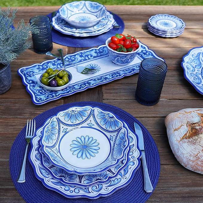 Veranda Melamine 12-Piece Dinnerware Set Service for 4 – Includes Dinner Plates Salad Plates and Bowls – Elegant Blue and White for Everyday Use Indoor/Outdoor Dining and Entertaining
