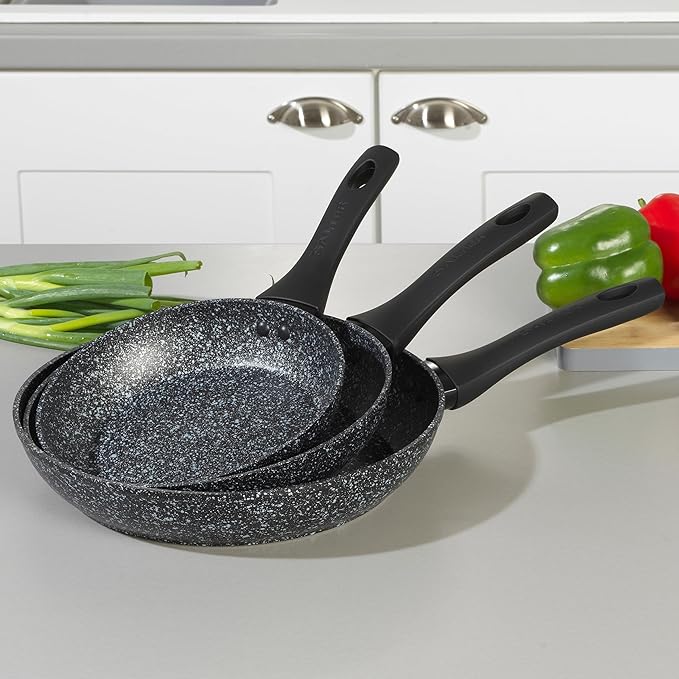 Salter COMBO-8207A Megastone Non-Stick Frying Pan Set 3 Piece Pan Set 20/24/28 cm Forged Aluminium Cookware Dishwasher &amp Metal Utensil Safe Use Little or No Oil for Healthier Meals PFOA-Free
