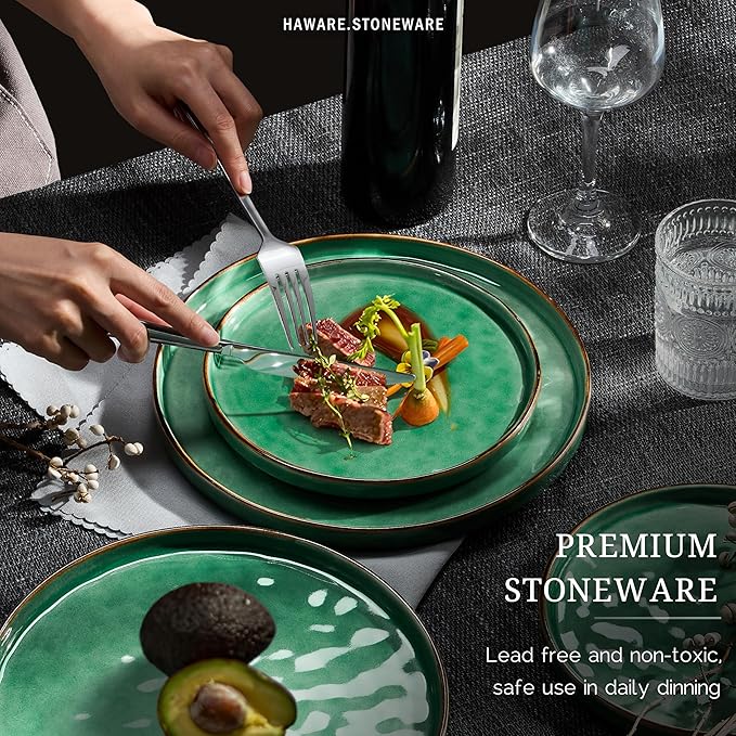 HaWare Dinnerware Sets 24-Piece Plates and Bowls Set Stoneware Dish Set for 8 Ceramic Dinnerware for Home Restaurant Chip and Scratch Resistant Microwave and Dishwasher Safe Reactive Green