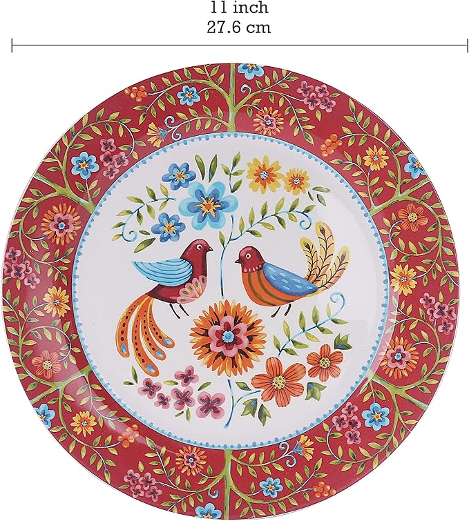 Bico Red Spring Bird Ceramic 16 pcs Dinnerware Set Service for 4 Inclusive of 11 inch Dinner Plates 8.75 inch Salad Plates 35oz Dinner Bowls and Mugs for Party Microwave &amp Dishwasher Safe
