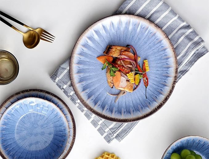 Melamine Dinnerware Sets 12 Pcs Plates and Bowls Sets Melamine Plates Outdoor Dishes Sets Unbreakable Dinnerware Serving Dishes for Entertaining Dishwasher Safe BPA Free (Classic Blue)