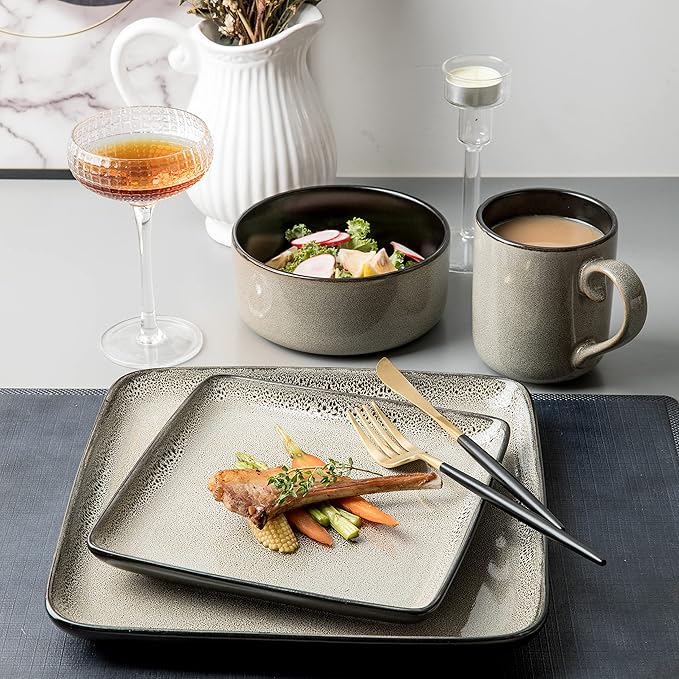 FLACKAR Square Stoneware 16pc Dinnerware Set for 4 Dinner Plates Side Plates Cereal Bowls Mugs - Reactive Glaze Grey (477653)