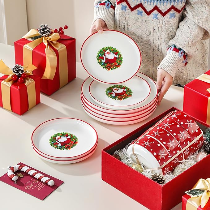 MALACASA Plates and Bowls Sets 12 Pieces Christmas Porcelain Dinnerware Set for 4 Ceramic Dishware Dishes Kitchen Dinner Dining Ware Set Microwave and Dishwasher Safe Series LUNA-Santa Claus