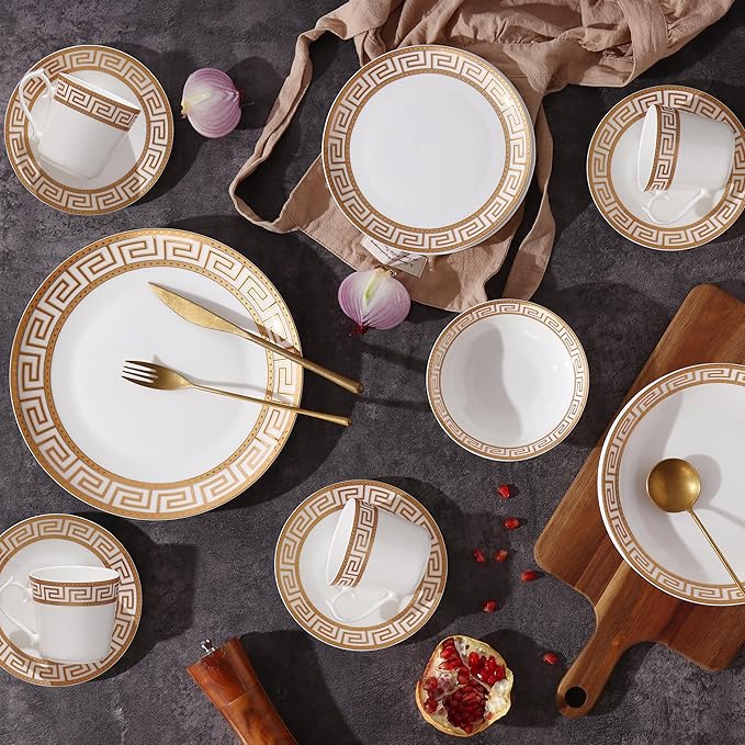 Lorren Home Trends 24 Piece Bone China Dinnerware Set with Gold Greek Key Design Service for 4 White