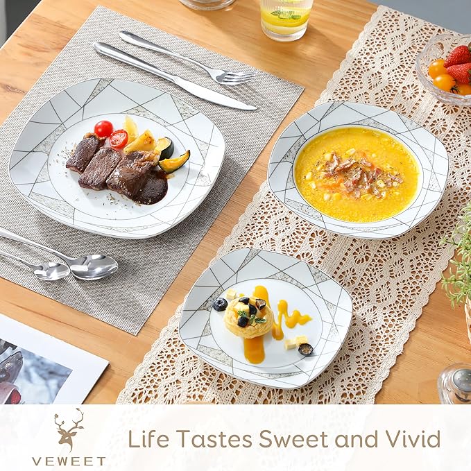 VEWEET 'Serena' 18-Piece Dinner Set - Ivory White Irregular Patterns Porcelain Plates: Set of 6 (7.5 Dessert 8.5 Soup 9.75 Dinner)