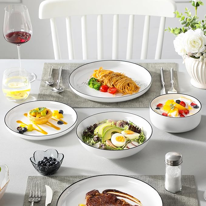 MALACASA Plates and Bowls Sets 24 Pieces Modern Porcelain Dinnerware Set for 6 Ceramic Dishware Dishes White Kitchen Dinner Dining Ware Set wtih Black Rim Microwave and Dishwasher Safe Series LUNA