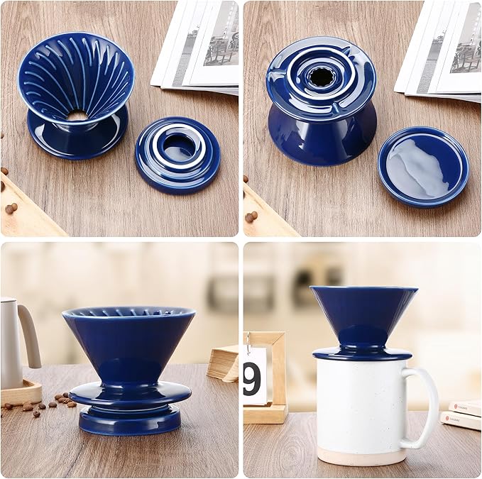 Pour Over Coffee Maker Ceramic Coffee dripper with 100 pcs Paper Filter Ceramic coffee Server with Lid 15.5oz/450 ml Suitable for 1-2 people (Blue)