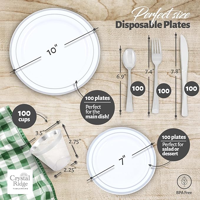 600-Piece Premium Plastic Dinnerware Set for 100 Guests - Includes 100 Dinner Plates Salad Plates Cutlery (Forks Knives Spoons) Cups - White with Silver Rim