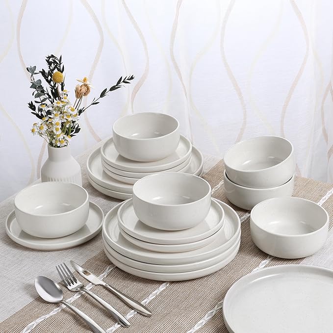 HaWare Dinnerware Sets 24-Piece Stoneware Plates and Bowls Set for 6 Ceramic Dish Set for Home Restaurant Chip and Scratch Resistant Microwave and Dishwasher Safe Speckled Milky White